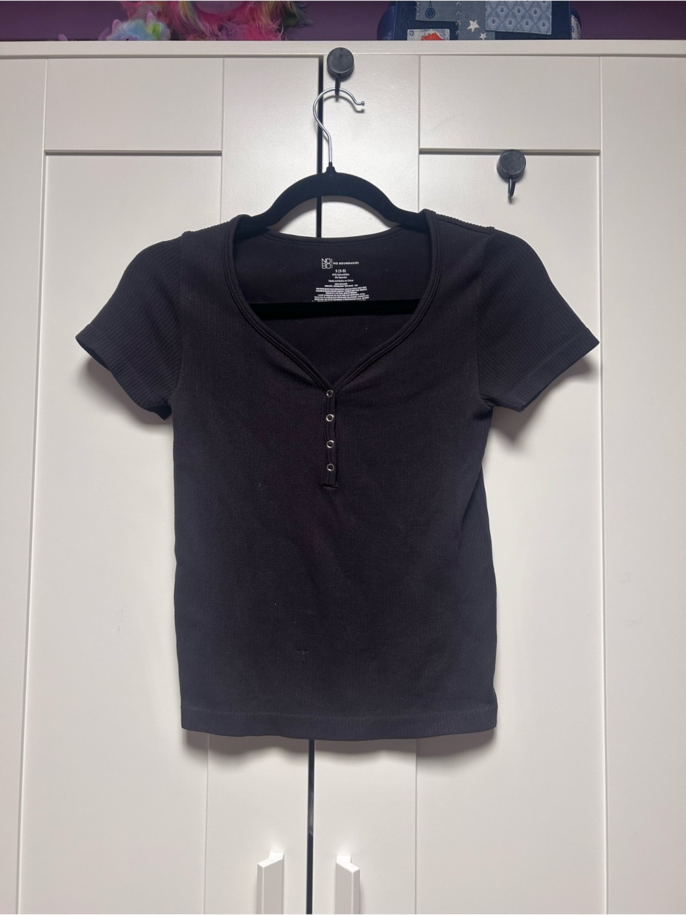 No Boundaries Black Ribbed Short Sleeve Henley Crop Top